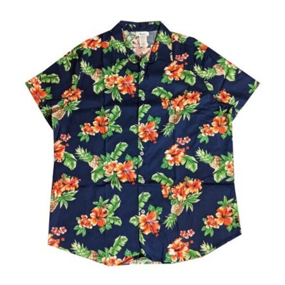 Men's‎ Hawaiian Aloha Traditional Pineapple All Over Print Button Up Shirt, Navy - Picture 1 of 6